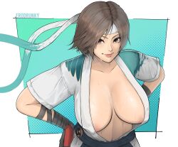 Rule 34 | 1girl, alternate costume, aqua background, areola slip, artist name, bandaged arm, bandages, border, breasts, brown eyes, brown hair, collarbone, commentary, cowboy shot, english commentary, erodrunky, eyelashes, hands on own hips, headband, highres, kazama asuka, large breasts, lips, looking at viewer, medium hair, navel, open clothes, paid reward available, parted bangs, short sleeves, smile, solo, sweat, sweatdrop, tekken, tekken 8, two-tone gloves, white border