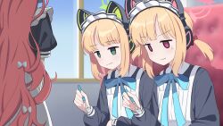 3girls animal_ear_headphones animal_ears apron blonde_hair blue_archive blue_necktie blunt_bangs bocchi_the_rock! cat_ear_headphones cat_ears closed_mouth collared_shirt commentary_request dress eating fake_animal_ears green_eyes green_halo grey_shirt hair_ribbon halo headphones highres holding holding_spoon korean_commentary light_blush long_hair long_sleeves maid maid_headdress midori_(blue_archive) midori_(maid)_(blue_archive) momoi_(blue_archive) momoi_(maid)_(blue_archive) multiple_girls necktie pink_eyes poorunii red_hair ribbon shirt short_hair siblings sidelocks sisters spoon sweatdrop twins twintails very_long_hair white_apron yuzu_(blue_archive) yuzu_(maid)_(blue_archive)