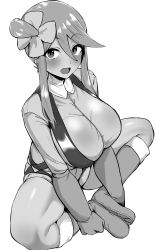 Rule 34 | 1girl, blush, breasts, creatures (company), feet together, flower, game freak, greyscale, hair flower, hair ornament, happy, highres, hotate-chan, knees apart feet together, large breasts, looking at viewer, monochrome, nintendo, open mouth, pokemon, pokemon bw, sitting, skyla (pokemon), solo, spread legs, thick thighs, thighs