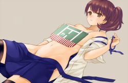 Rule 34 | 10s, 1girl, bad id, bad pixiv id, brown hair, japanese clothes, kaga (kancolle), kantai collection, md5 mismatch, navel, partially undressed, personification, ririnya00, short hair, side ponytail, simple background, solo, thighhighs