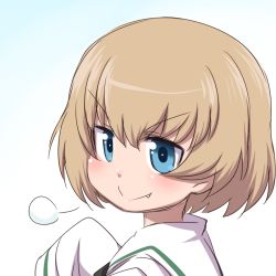 Rule 34 | 10s, 1girl, puff of air, alternate costume, blonde hair, blouse, blue background, blue eyes, closed mouth, commentary, fang, from side, girls und panzer, gradient background, hanya (hanya yashiki), katyusha (girls und panzer), long sleeves, one-hour drawing challenge, ooarai school uniform, oversized clothes, portrait, profile, school uniform, serafuku, shirt, short hair, sigh, sleeves past wrists, smile, solo, v-shaped eyebrows, white shirt