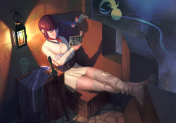 Rule 34 | 2girls, against wall, belt, book, boots, box, brown hair, coat, crossed arms, gloves, highres, isabeau (megami tensei), lantern, multiple girls, pixie (megami tensei), pliss m, reading, scarf, shin megami tensei, shin megami tensei iv, short hair, single glove, skirt, sword, thigh boots, thighhighs, unworn coat, weapon