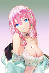 Rule 34 | 1girl, absurdres, arknights, bare shoulders, blue eyes, blue jacket, blue poison (arknights), blue poison (shoal beat) (arknights), braid, breasts, camisole, chinese commentary, choker, cleavage, commentary request, crop top, daqi sama, female focus, gradient background, grey background, hair between eyes, head tilt, highres, jacket, large breasts, long hair, midriff, off shoulder, official alternate costume, partial commentary, pink background, pink choker, pink hair, solo, spaghetti strap, sports bra, stomach, twin braids, upper body