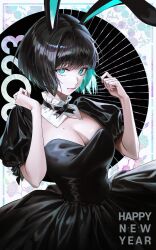 Rule 34 | 1girl, 2023, absurdres, animal ears, aqua eyes, aqua hair, black dress, black hair, breasts, choppy bangs, cleavage, collar, cropped legs, detached collar, dress, frilled collar, frills, happy new year, highres, holding, holding own hair, large breasts, looking at viewer, mole, mole on breast, multicolored hair, new year, on (onon2659), original, puffy sleeves, rabbit ears, short hair