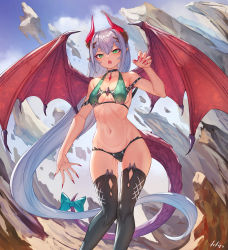 Rule 34 | 1girl, :o, absurdres, aqua bow, arpeggio kaga, bikini, black thighhighs, blue sky, bow, breasts, cloud, commentary request, day, dragon girl, dragon horns, dragon tail, dragon wings, green eyes, highres, horns, long hair, looking at viewer, medium breasts, navel, original, outdoors, pointy ears, red horns, red wings, sky, solo, standing, swimsuit, tail, tail bow, tail ornament, thighhighs, very long hair, wings