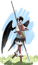 Rule 34 | 1girl, alternate costume, armor, baggy pants, bird wings, black eyes, black hair, black pants, black wings, closed mouth, dou, fighting stance, frogsnake, full body, geta, hat, holding, holding polearm, holding sword, holding weapon, japanese armor, looking at viewer, medium bangs, pants, polearm, pom pom (clothes), ready to draw, red footwear, red hat, shameimaru aya, sheath, sheathed, shirt, short hair, smile, solo, spear, sword, tengu-geta, tokin hat, touhou, walking, weapon, white shirt, wings