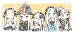 Rule 34 | +++, 5girls, :&lt;, :d, ?, ^ ^, abigail williams (animejapan 2018) (fate), abigail williams (fate), abigail williams (third ascension) (fate), abigail williams (traveling outfit) (fate), blue dress, blue eyes, blush, bow, closed eyes, closed mouth, dress, facing viewer, fate/grand order, fate (series), food, forehead, hair bun, hat, holding, holding food, holding stuffed toy, jacket, long hair, looking at viewer, multiple girls, multiple persona, official alternate costume, open mouth, orange bow, parted bangs, red eyes, revealing clothes, sandwich, sharp teeth, single hair bun, smile, sofra, stuffed animal, stuffed toy, teddy bear, teeth, traditional media, very long hair, witch hat