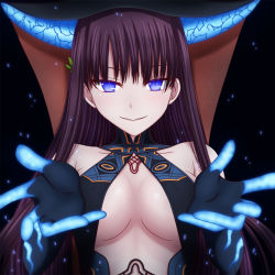 Rule 34 | 1girl, bare shoulders, black dress, black gloves, black headwear, blue eyes, blush, breasts, center opening, dress, elbow gloves, fate/grand order, fate (series), gloves, hair ornament, hasebe akira, large breasts, leaf hair ornament, long hair, looking at viewer, outstretched arms, purple hair, smile, very long hair, yang guifei (fate), yang guifei (third ascension) (fate)