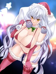 Rule 34 | 1girl, absurdres, aged up, alternate breast size, bikini, breasts, christmas, gloves, hakkai, hat, highres, holding, holding sack, kantai collection, long hair, murakumo (kancolle), red bikini, red gloves, ribbon, sack, santa hat, solo, swimsuit, thick eyebrows, thighhighs, yellow eyes