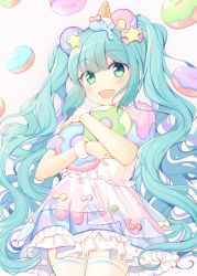 Rule 34 | 1girl, :d, absurdres, blue hair, blush, bow, crbbie, doughnut, dress, food, frills, green eyes, hair bow, hair ornament, hatsune miku, highres, holding, holding food, ice cream, icing, long hair, looking at viewer, open mouth, patterned background, puffy short sleeves, puffy sleeves, see-through, short dress, short sleeves, smile, solo, thighhighs, twintails, very long hair, vocaloid, wristband, zettai ryouiki