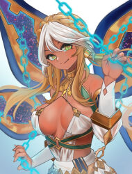 Rule 34 | 1girl, andromeda (fate), andromeda (first ascension) (fate), armlet, bare shoulders, belly chain, blonde hair, blush, braid, breasts, chain, cleavage, closed mouth, collar, crown braid, cuffs, dark-skinned female, dark skin, detached sleeves, dress, fate/grand order, fate (series), gold teeth, green eyes, hair ornament, highres, jaws, jewelry, large breasts, long hair, looking at viewer, low twintails, metal collar, multicolored hair, shackles, sidelocks, smile, solo, twintails, two-tone hair, white dress, white hair, yukiiro b