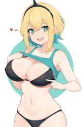 Rule 34 | 1girl, :d, absurdres, alternate breast size, amano pikamee, bikini, black bikini, blonde hair, breasts, clothes lift, commentary, english commentary, fake antennae, green eyes, green hair, green nails, green tank top, hairband, heart, highres, index finger raised, large breasts, looking at viewer, moursho, multicolored hair, nail polish, navel, open mouth, sharp teeth, shirt lift, smile, solo, spoken heart, stomach, streaked hair, swimsuit, tank top, teeth, two-tone hair, virtual youtuber, voms