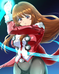 Rule 34 | 1girl, alternate breast size, artist request, bodysuit, breasts, brown eyes, brown hair, erica fontaine, gloves, highres, large breasts, sakura taisen, sega, serious, solo, thick thighs, thighs