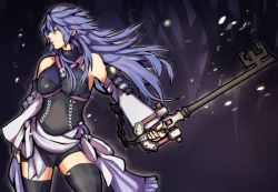 Rule 34 | 1girl, absurdres, aqua (kingdom hearts), bare shoulders, black thighhighs, blue hair, breasts, colored eyelashes, contrapposto, detached sleeves, closed eyes, fingerless gloves, gloves, hair between eyes, highres, keyblade, kingdom hearts, long hair, looking away, medium breasts, sash, short hair, short shorts, shorts, solo, standing, tabletorgy, thighhighs, waist cape
