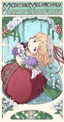 Rule 34 | blonde hair, blue eyes, bow, bubble skirt, character name, doll, english text, engrish text, fairy wings, flower, flower request, frilled shirt, frills, garland (decoration), head tilt, highres, holding, holding flower, kanisawa yuuki, lily of the valley, medicine melancholy, morning glory, puffy short sleeves, puffy sleeves, purple flower, ranguage, red bow, red ribbon, ribbon, shirt, short hair, short sleeves, skirt, su-san, touhou, wings
