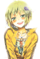 Rule 34 | 10s, 1girl, blonde hair, blush, bruce lee&#039;s jumpsuit, flower, green eyes, hair ornament, hairclip, huang baoling, ia, ia (namaiki), jewelry, necklace, short hair, solo, tiger &amp; bunny