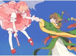 Rule 34 | 1boy, 1girl, blue sky, bow, brown eyes, brown hair, cardcaptor sakura, chinese clothes, closed eyes, coat, dress, flying, footwear bow, green coat, hat, highres, holding, holding hands, holding wand, kinomoto sakura, li syaoran, looking at another, magical girl, open mouth, pink dress, rii2a77ru, short hair, sky, sword, tassel, thighhighs, wand, weapon, weapon on back, white thighhighs, wide sleeves, wings