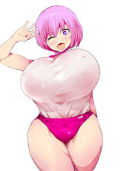 Rule 34 | 1girl, arms up, blush, breasts, cleavage, covered erect nipples, curvy, eyelashes, fate/grand order, fate (series), female focus, gym uniform, highres, huge breasts, looking at viewer, mash kyrielight, mozu-k, one eye closed, open mouth, pink hair, purple eyes, shiny skin, short hair, short shorts, shorts, simple background, smile, solo, standing, wide hips, wink