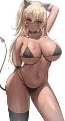 Rule 34 | 1girl, absurdres, animal ear fluff, animal ears, arm behind back, arm strap, arm up, bikini, black bikini, black choker, black thighhighs, blonde hair, body writing, breasts, cat ears, choker, closed mouth, commentary request, cowboy shot, dark-skinned female, dark skin, facial mark, hair between eyes, highres, huge breasts, jasony, long hair, navel, original, ponytail, single thighhigh, smile, solo, stomach, swimsuit, thighhighs, wet, whisker markings, writing on breasts, yellow eyes
