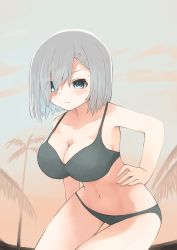 Rule 34 | 1girl, bikini, black bikini, blue eyes, breasts, cleavage, commentary request, cowboy shot, hair ornament, hair over one eye, hairclip, hamakaze (kancolle), hand on own hip, highres, kantai collection, large breasts, looking at viewer, navel, short hair, silver hair, solo, swimsuit, thigh gap, toplow