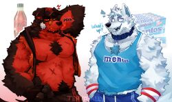 Rule 34 | 2boys, absurdres, animal ears, bandaid, bandaid on cheek, bandaid on face, bara, bare pectorals, baseball cap, belly, black fur, black tank top, blue fur, chest tuft, clothes writing, coca-cola, diet coke and mentos (meme), dog boy, english text, eye contact, facial hair, feet out of frame, fungiteh, furry, furry male, furry with furry, goatee, goatee stubble, hat, highres, jitome, large pectorals, looking at another, male focus, meme, mentos, midriff peek, multiple boys, muscular, muscular male, navel hair, no nipples, original, pectorals, personification, pun, red fur, reference inset, scar, scar on chest, scratching head, short hair, stubble, tank top, thick eyebrows, white fur, wolf boy, wolf ears, yaoi, zzz