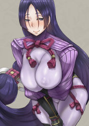 Rule 34 | 1girl, arino towatari, black gloves, blush, bodysuit, breast hold, breasts, cleavage, covered navel, crossed arms, covered erect nipples, fate/grand order, fate (series), gloves, grey background, grey eyes, half-closed eyes, huge breasts, japanese clothes, long hair, looking at viewer, minamoto no raikou (fate), nipples, purple hair, simple background, smile, solo, very long hair