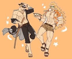 Rule 34 | 2boys, abs, absurdres, artist name, bara, biceps, blonde hair, bracelet, coat, collared coat, collared shirt, fangs, guilty gear, hand on headwear, hand on own hip, hat, highres, jewelry, johnny (guilty gear), large pectorals, leather, leather belt, leo whitefang, long hair, looking at viewer, male focus, manly, mature male, multiple boys, muscular, muscular male, navel, necklace, nipples, oneirio, open clothes, open coat, open mouth, open shirt, orange background, pants, pectorals, sandals, shirt, short hair, shorts, signature, smirk, spiked hair, star (symbol), sunglasses, sword, teeth, thick arms, thick thighs, thighs, tongue, weapon, wooden sword