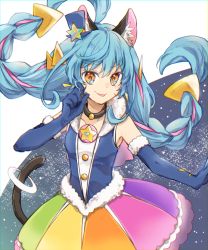 Rule 34 | 1girl, animal ear fluff, animal ears, black neckwear, blue gloves, blue hair, blue shirt, braid, cat ears, cat tail, choker, cowboy shot, cure cosmo, earrings, elbow gloves, gloves, hat, jewelry, long hair, looking at viewer, magical girl, mini hat, mini top hat, multicolored clothes, multicolored hair, multicolored skirt, orange eyes, pink hair, precure, rainbow skirt, shirt, skirt, sleeveless, sleeveless shirt, smile, solo, star twinkle precure, streaked hair, tail, tail ornament, tail ring, top hat, twin braids, two-tone hair, utaori, yuni (precure)