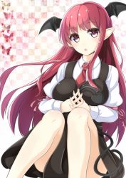 Rule 34 | 1girl, :o, armband, bat wings, blush, breasts, bug, butterfly, checkered background, commentary request, demon tail, female focus, head tilt, head wings, insect, interlocked fingers, juliet sleeves, koakuma, large breasts, long hair, long sleeves, looking at viewer, necktie, own hands clasped, own hands together, pointy ears, puffy sleeves, red eyes, red hair, red necktie, sidelocks, sitting, skirt, skirt set, solo, tail, touhou, vest, wings, ytyrytyr
