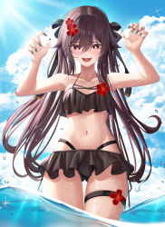 Rule 34 | 1girl, absurdres, alternate costume, bare arms, bikini, bikini skirt, black nails, black ribbon, blue sky, blush, brown bikini, brown hair, claw pose, cloud, cloudy sky, cowboy shot, day, fang, flower, flower-shaped pupils, frilled bikini, frills, genshin impact, gluteal fold, hair between eyes, hair flower, hair ornament, hair ribbon, halterneck, halterneck, highres, hsxxx, hu tao (genshin impact), jewelry, long hair, looking at viewer, multiple rings, nail polish, navel, open mouth, outdoors, partially underwater shot, plum blossoms, red eyes, red flower, ribbon, ring, sky, smile, solo, sparkle, standing, stomach, sunlight, swimsuit, symbol-shaped pupils, thigh strap, twintails, wading, water, water drop, wet, wet hair
