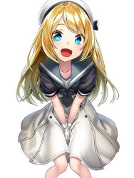 Rule 34 | 1girl, :d, blonde hair, blue eyes, blue sailor collar, commentary request, dress, gloves, hat, jervis (kancolle), kantai collection, long hair, open mouth, sailor collar, sailor dress, short sleeves, simple background, smile, solo, unowen, white background, white gloves, white hat