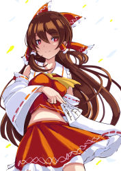Rule 34 | 1girl, ascot, between fingers, bow, breasts, brown hair, commentary request, cowboy shot, detached sleeves, frilled shirt collar, frills, hair between eyes, hair bow, hair tubes, hakurei reimu, holding, long hair, long sleeves, looking at viewer, medium breasts, midriff, ofuda, opanchu (hakusen), petticoat, red bow, red eyes, red skirt, ribbon-trimmed sleeves, ribbon trim, sidelocks, simple background, skirt, smile, solo, standing, touhou, very long hair, white background, wide sleeves, yellow ascot