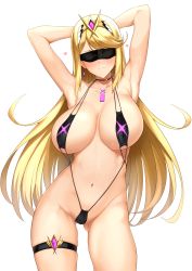 Rule 34 | 1girl, armpits, arms behind head, bare arms, bare shoulders, black one-piece swimsuit, blindfold, blonde hair, blush, breasts, chest jewel, choker, cleavage, closed mouth, collarbone, cowboy shot, earrings, gem, gluteal fold, groin, halcon, headpiece, heart, highres, huge breasts, jewelry, long hair, mythra (xenoblade), navel, nintendo, one-piece swimsuit, simple background, skindentation, slingshot swimsuit, solo, swept bangs, swimsuit, thick thighs, thigh strap, thighs, tiara, white background, xenoblade chronicles (series), xenoblade chronicles 2