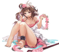 Rule 34 | 1girl, absurdres, animal ears, antenna hair, arknights, armpit crease, bare legs, bare shoulders, barefoot, bikini, bridal garter, brown hair, chinese commentary, collarbone, commentary request, eyjafjalla (arknights), eyjafjalla (summer flower) (arknights), flower, hair flower, hair ornament, highres, horns, infection monitor (arknights), knees up, lan xiezi, legs, long hair, looking at viewer, off-shoulder bikini, off shoulder, official alternate costume, open mouth, pink bikini, pink eyes, pink flower, sheep ears, sheep horns, short sleeves, simple background, sitting, solo, swimsuit, thighs, white background, wreath