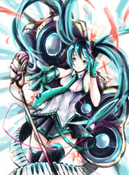 Rule 34 | 1girl, aqua eyes, aqua hair, chococuco, gloves, hatsune miku, highres, long hair, microphone, microphone stand, necktie, piano keys, skirt, solo, speaker, thighhighs, twintails, very long hair, vocaloid