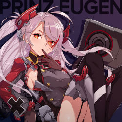 Rule 34 | 1girl, antenna hair, azur lane, black gloves, black thighhighs, breasts, brown eyes, character name, cross, finger to mouth, floating hair, garter straps, gloves, hair between eyes, head tilt, headgear, highres, iron cross, long hair, long sleeves, looking at viewer, machinery, medium breasts, mole, mole on breast, multicolored hair, prinz eugen (azur lane), rabe26k, red hair, rigging, silver hair, solo, streaked hair, swept bangs, thighhighs, thighs, two side up, vector trace, very long hair