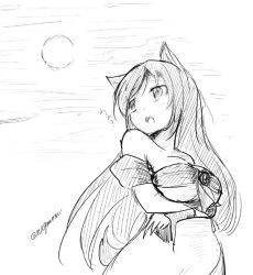 Rule 34 | 1girl, animal ears, breasts, brooch, crossed arms, dress, dutch angle, fang, from below, greyscale, imaizumi kagerou, jewelry, long sleeves, looking back, looking to the side, medium breasts, monochrome, moon, open mouth, tail, taurine 8000mg, touhou, twitter username, wolf ears, wolf tail