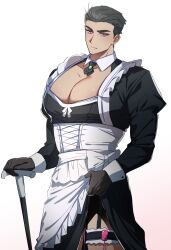 Rule 34 | 1boy, absurdres, apron, bara, black dress, cane, clothes lift, dress, expressionless, frilled apron, frills, gonggye hs, grey hair, highres, holding, holding cane, huge pectorals, lifting own clothes, looking at viewer, maid, maid apron, male focus, muscular, muscular male, original, pectoral cleavage, pectorals, scar, scar on face, scar on mouth, short hair, sideburns, skirt, skirt lift, solo, thick eyebrows, vibrator in thigh strap, white apron, wrist cuffs