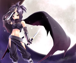 Rule 34 | 1girl, acquire, ayame, ayame (tenchuu), bare shoulders, blade, elbow gloves, from software, gloves, groin, hip vent, midriff, navel, ninja, scarf, sleeveless, solo, sword, tachibana surimu, tenchu, tenchuu, weapon