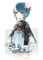 Rule 34 | 1boy, absurdres, alternate costume, blue hair, closed mouth, cropped legs, crossdressing, dress, earrings, flower, frilled dress, frills, genshin impact, hair flower, hair ornament, highres, jewelry, long sleeves, male focus, sh (shinh), simple background, single earring, solo, two-tone background, xingqiu (genshin impact), yellow eyes
