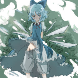 Rule 34 | 1girl, abe kanari, arms behind back, bloomers, blue dress, blue eyes, blue hair, bow, cirno, clothes lift, dress, dress lift, expressionless, groin, hair bow, highres, looking at viewer, matching hair/eyes, ribbon, short hair, solo, standing, touhou, underwear, wind, wings