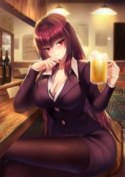 Rule 34 | 1girl, alcohol, bad id, bad pixiv id, beer, beer mug, black bra, blurry, blurry background, bottle, bra, breasts, brown hair, brown jacket, brown pantyhose, brown skirt, ceiling light, cleavage, closed mouth, collarbone, collared shirt, commentary request, cup, depth of field, fate/grand order, fate (series), fingernails, foam, formal, hair between eyes, hands up, head tilt, highres, holding, holding cup, indoors, jacket, large breasts, long hair, long sleeves, looking at viewer, mallizmora, mug, pantyhose, pencil skirt, red eyes, scathach (fate), shirt, sitting, skirt, skirt suit, smile, solo, suit, underwear, very long hair, white shirt