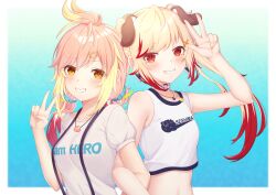 Rule 34 | 2girls, animal ear fluff, animal ears, animare, bare shoulders, blonde hair, blue background, blush, breasts, character name, choker, crop top, dog ears, gradient background, grin, highres, hira hikari, jewelry, locked arms, long hair, looking at viewer, low twintails, medium breasts, multicolored hair, multiple girls, nanashi inc., necklace, o-ring, o-ring choker, orange eyes, orange nails, pink hair, print shirt, puffy short sleeves, puffy sleeves, red eyes, red hair, rin (0917608), seshima rui, shirt, short sleeves, sleeveless, sleeveless shirt, small breasts, smile, suspenders, twintails, two-tone hair, upper body, v, virtual youtuber, w, white choker, white shirt