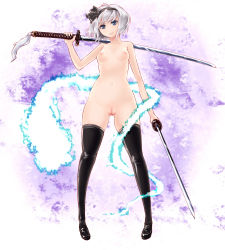 Rule 34 | 1girl, bad id, bad pixiv id, black thighhighs, breasts, cleft of venus, dual wielding, female focus, ghost, hairband, hitodama, holding, katana, konpaku youmu, konpaku youmu (ghost), kuroino (kuroyashiro), legs, nipples, nude, pussy, short hair, skindentation, small breasts, solo, standing, sword, thighhighs, touhou, uncensored, weapon, white hair