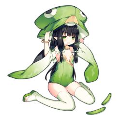 Rule 34 | 1girl, ao jun, ark order, bell, black hair, bow, bridal legwear, cucumber, flat chest, full body, green eyes, green footwear, green hat, green leotard, hands on headwear, hat, hat bell, jingle bell, kappa (ark order), leotard, long hair, looking at viewer, neck bell, official art, open mouth, pointy ears, sandals, sidelocks, sitting, solo, tachi-e, thighhighs, toeless footwear, transparent background, wariza, wavy mouth, white thighhighs, wide sleeves