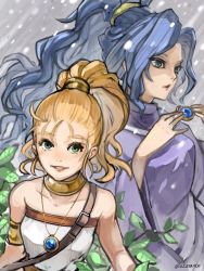 Rule 34 | 2girls, armband, artist name, blonde hair, blue hair, choker, chrono trigger, earrings, flower, green eyes, hairband, highres, holding, jewelry, long hair, looking at viewer, looking to the side, marle (chrono trigger), medium hair, multiple girls, necklace, pendant, plant, purple flower, purple rose, rose, schala zeal, shirt, smile, strapless, strapless shirt, uzutanco, wavy hair, yellow hairband