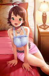 Rule 34 | 00s, 1girl, ahoge, awakened miki, bed, belt, blush, breasts, breasts squeezed together, brown hair, crop top, green eyes, hoshii miki, idolmaster, idolmaster (classic), idolmaster 1, large breasts, lunch (shin new), midriff, miniskirt, pencil skirt, short hair, sitting, skirt, solo, tank top, very short hair