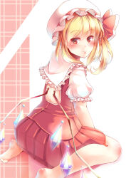 Rule 34 | 1girl, absurdres, backless outfit, barefoot, blonde hair, closed mouth, crystal, flandre scarlet, frilled shirt collar, frilled sleeves, frills, from behind, hat, hat ribbon, highres, kanzakietc, looking at viewer, looking back, medium hair, mob cap, one side up, pleated skirt, puffy short sleeves, puffy sleeves, red eyes, red ribbon, red skirt, red vest, ribbon, shirt, short sleeves, skirt, soles, solo, touhou, vest, white background, white hat, white shirt, wings