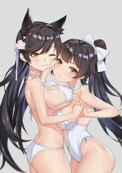 Rule 34 | 2girls, animal ears, atago (azur lane), atago (summer march) (azur lane), azur lane, bikini, black hair, breast rest, breasts, choker, clenched teeth, cowboy shot, dimples of venus, fang, fang out, from side, grey background, hair flaps, halterneck, hand on another&#039;s face, highres, holding hands, interlocked fingers, large breasts, long hair, looking at viewer, mole, mole under eye, multiple girls, one-piece swimsuit, one eye closed, ponytail, sideboob, simple background, smile, swimsuit, takao (azur lane), takao (beach rhapsody) (azur lane), teeth, very long hair, white bikini, white one-piece swimsuit, yellow eyes, ziko