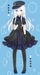 Rule 34 | 10s, 1girl, :o, alternate costume, anchor symbol, arm at side, black dress, black gloves, black hat, black pantyhose, blue background, blue bow, blue bowtie, blue eyes, blue footwear, blush, bow, bowtie, buttons, color guide, double-breasted, dress, flat cap, flats, full body, gloves, hair between eyes, hand on own chest, hat, hibiki (kancolle), highres, kantai collection, layered dress, long hair, looking at viewer, mary janes, pantyhose, parted lips, puffy short sleeves, puffy sleeves, shijima (sjmr02), shoes, short sleeves, simple background, solo, standing, tareme, white hair